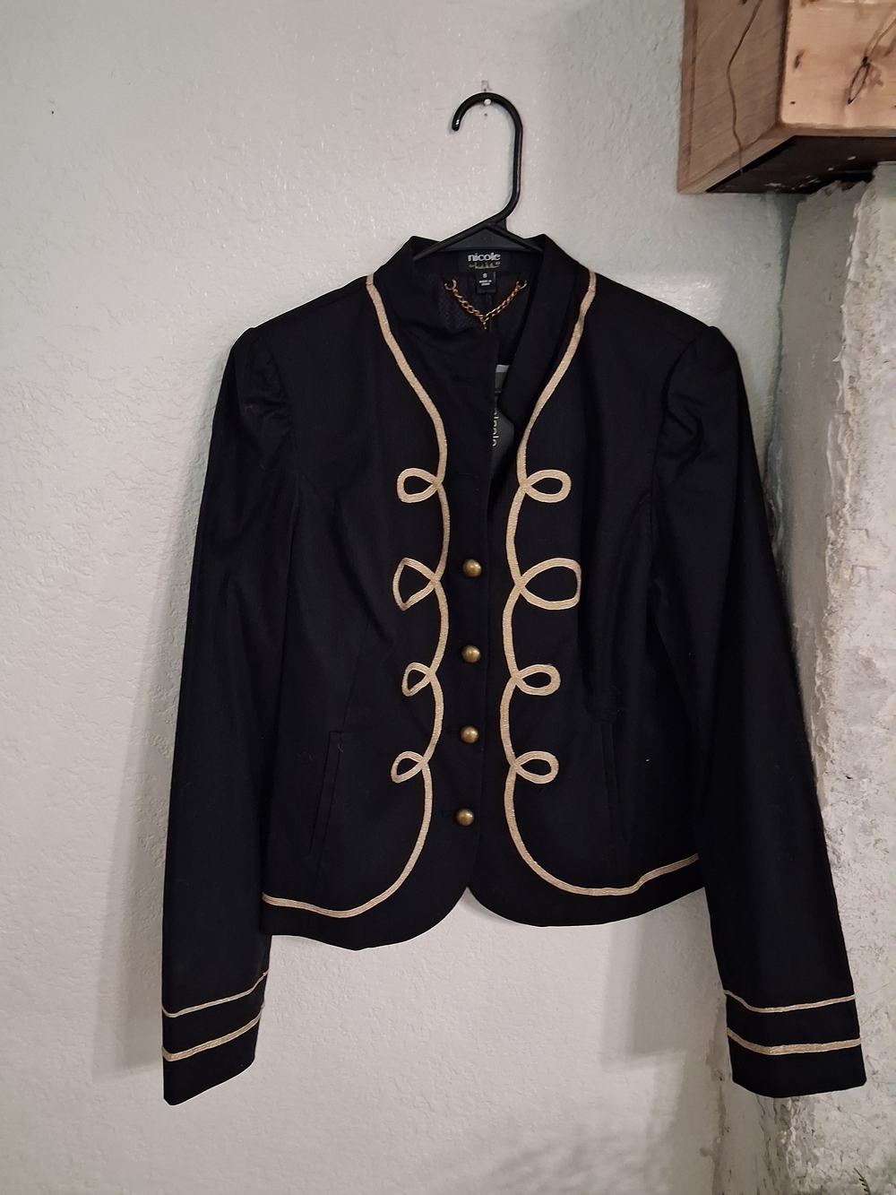 Military Jacket Medium Nwt Nicole Black Blazer with Gold Trim and Brass Buttons